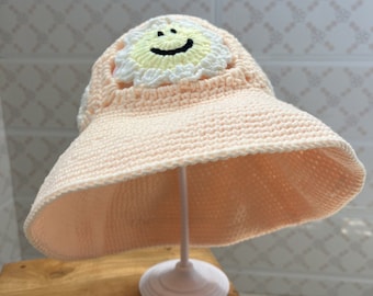 Handmade Crochet Smiling Face Bucket Hat: Granny Flower Straw Sun Hat