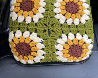 Crochet Sunflower Car Headrest Cover: Handmade Auto Accessory