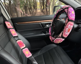 Gehäkelte Gesang Blume Lenkrad Abdeckung, Sicherheitsgurt Abdeckung, Auto Dekor