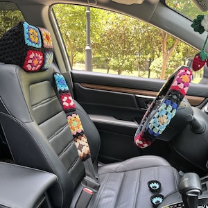 steering wheel cover,Granny Square colorful steering wheel cover, Headrest Cover,Seat Belt Cover,Car interior Accessories decorations