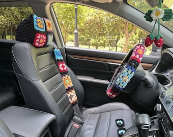 Granny Square Crochet Car Accessories: Steering Wheel, Headrest & Seatbelt Covers