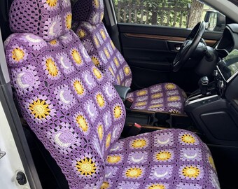 Conjunto de capas para assento de carro em crochê artesanal com sol e lua