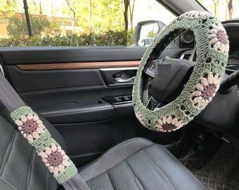 crochet car steering wheel cover,universal car steering wheel cover,knitted steering wheel cover,Dark Green steering wheel cover cute