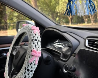 Crochet Pink Bow Car Steering Wheel Cover,Cute Steering Wheel Cover,Flower seat belt Cover,Car Mirror Hanging,Cute Car Interior Accessories
