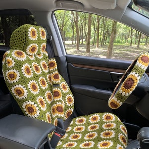 Car Seat Cover,Handmade Crochet Car Front Seat Cover Set,Sunflower Flower Car Seat cover,Cute Car Covers,Car interior Accessorie Decorations