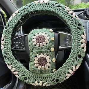 Lenkrad Abdeckung, gehäkelte Lenkrad Abdeckung, Gurt Cover, Sonnenblume Lenkrad Abdeckung, 36-38 cm, Universal 14-15 zoll
