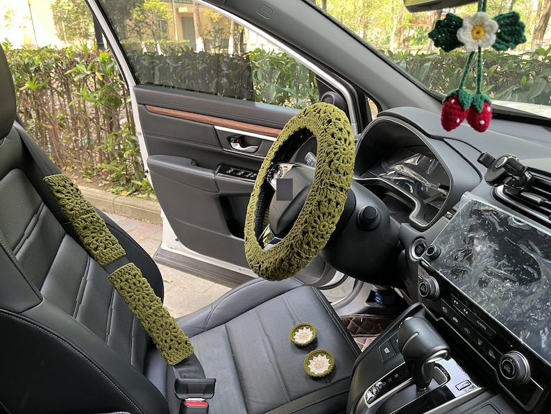 Handmade Crochet Steering Wheel Cover: Sunflower Car Accessories E,C+Strawbe+2Coaster