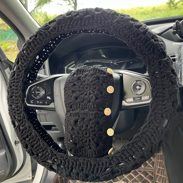 Steering Wheel Cover,Crochet Black Steering Wheel Cover,Cute Steering Wheel Cover,Seat Belt Cover,Car interior Accessories decorations