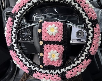 Crochet Daisy Steering Wheel Cover: Handmade Car Interior Decor