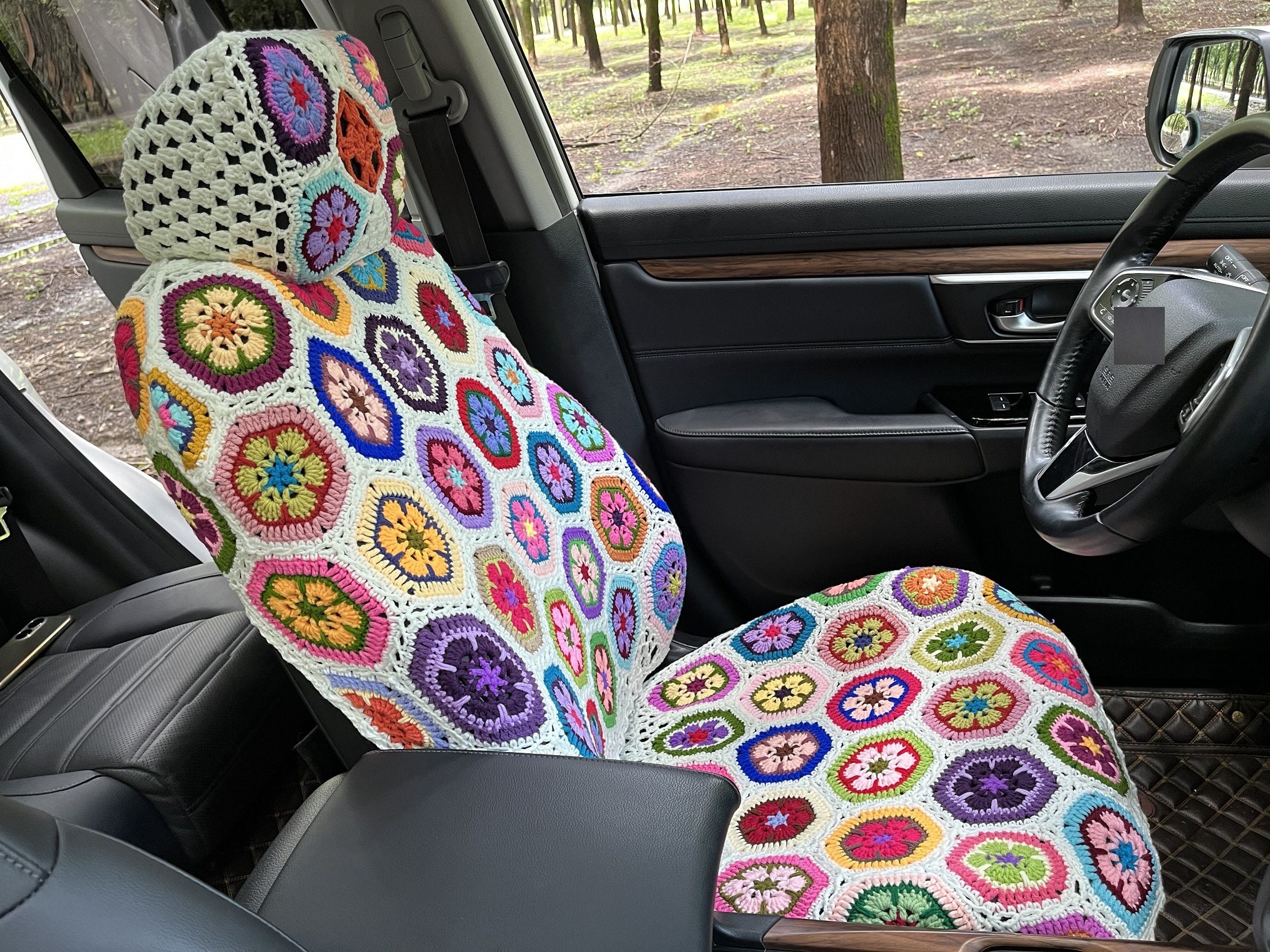 Pokrowce na siedzenia samochodowe, Zestaw ręcznie robionych na szydełku pokrowców na przednie siedzenia samochodowe, Pokrowce na siedzenia Gesang Flower, Śliczne pokrowce na samochody, Dekoracje akcesoriów do wnętrza samochodu
