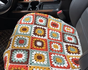 Coprisedile per auto con motivo a girasole all'uncinetto e motivo Grandma Square: decorazione boho per auto