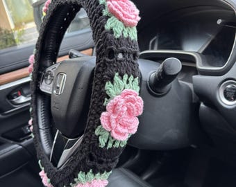 Crochet Roses Flower Steering Wheel Cover For Women,Roses Seatbelt Cover,Car Mirror Hanging,Car interior Accessories decorations