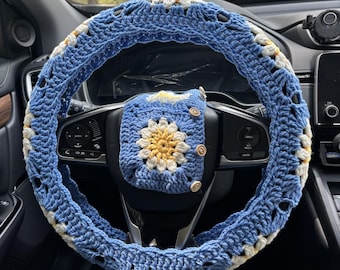 Handmade Crochet Sunflower Steering Wheel Cover: Car Interior Accessories