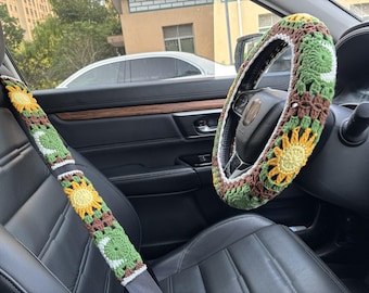 Handmade Crochet Sun Moon Car Steering Wheel Cover,Seatbelt Covers:Sun & Moon Design,Car Interior Accessories
