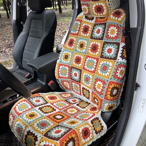 Coprisedili per auto, coprisedili quadrati della nonna con girasole arcobaleno fatti a mano all'uncinetto, set di coprisedili anteriori per auto per uomo e donna, graziosi coprisedili per auto