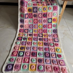 Crochet Blanket,Colorful Blanket,Handmade Bedspread,Crochet Afghan Throw,Crochet Rose Blanket,Handmade Blanket,Granny Square blanket