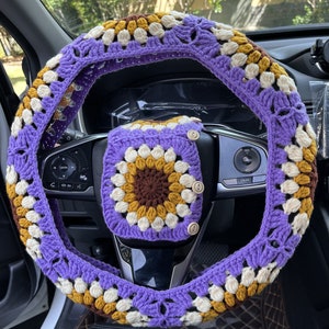 Lenkradabdeckung, gehäkelte Sonnenblumen-Lenkradabdeckung, Sicherheitsgurtabdeckung, niedliche Lenkradabdeckung, Autoinnenzubehördekorationen