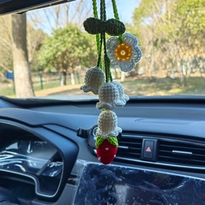 Car Plant Crochet Flower Car Mirror Hanging Plant,Knitting Car Pendant,Car Accessories,Car Crochet Lily Flower Car Rearview Mirror Pendant