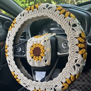 Lenkradabdeckung, gehäkelte Sonnenblume Lenkradabdeckung, niedliche Lenkradabdeckungen, Sicherheitsgurtabdeckung, Autoinnenzubehördekorationen