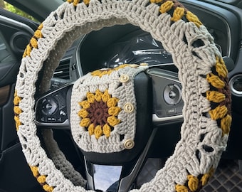 Crochet Sunflower Steering Wheel Cover: Car Interior Accessories