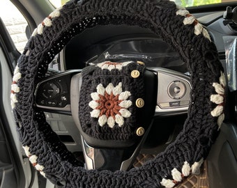 Steering Wheel Cover,Crochet Sunflower Steering Wheel Cover,Seat Belt Cover,Cute Steering Wheel Cover,Car interior Accessories decorations