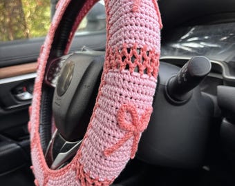 Funda para volante de coche con lazo rosa de ganchillo, funda para volante adorable, funda para cinturón de seguridad con flores, colgante para espejo retrovisor, accesorios interiores para coche