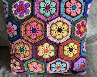 Crochet Granny Square Pillow Cover: Colorful Galsang Flower Cushion (15.75"x15.75")