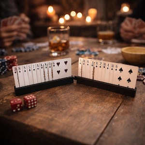 Puede incluir: Una mesa de madera muestra una partida de póquer. Dos sujetacartas negros exhiben naipes, con dados rojos cerca. También se ven un vaso de líquido ámbar y un cuenco de madera, con figuras y luces borrosas en el fondo.