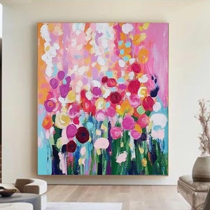Pintura a óleo sobre tela grande e colorida de flores abstratas rosa e roxas, pintura de flores, paisagem de primavera, arte de parede, grande arte de parede, decoração para casa