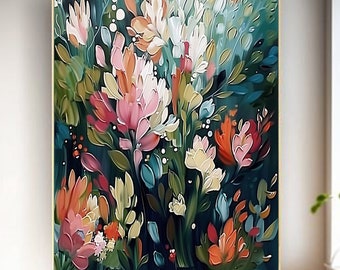 Pintura al óleo floral original sobre lienzo, arte floral con textura de empaste, decoración colorida para el dormitorio.