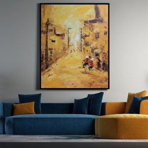 Town Abstract Painting On Canvas,Wall Town Painting,Old Town Art,Vietnamese Town Painting,Wall Art  Décor,Gold City Abstract Oil Painting