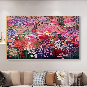 Abstract Pink Flower Oil Painting on Canvas Original Rose Flower Painting Floral Landscape Painting Large Wall Art Living Room Decor