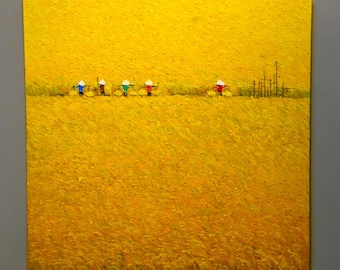 Pintura de la temporada de cosecha de arrozales, agricultores vietnamitas trabajando, arte mural con textura amarilla