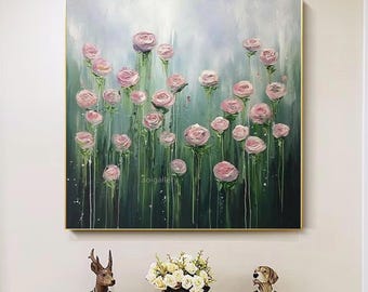 Pink Rose Garden Oil Painting on Canvas, Cottagecore Floral Impasto Art, Bedroom Wall Decor