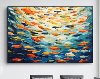 Orange Fish Oil Painting on Canvas, Boho Impasto School of Fish Ocean Art, Dining Room Decor