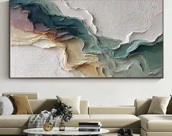 Sage Green Abstract Landscape Painting on Canvas, Wabi-Sabi Neutral Layered Art, Office Wall Decor