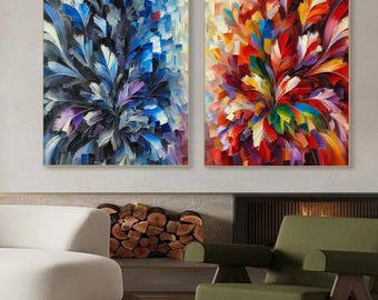 Abstract Oil Paintings Set, Boho Diptych Impasto Wall Art, Living Room Decor