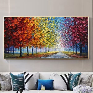 Large Original Tree Oil Painting On Canvas, Colorful Forest Autumn Painting, Living Room Art, Hand-painted Heavy Textured Impasto Painting