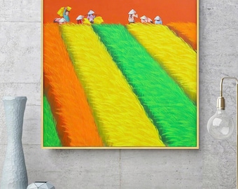 Pintura de la temporada de cosecha de arrozales, agricultores vietnamitas trabajando, arte mural con textura en amarillo, naranja y verde.
