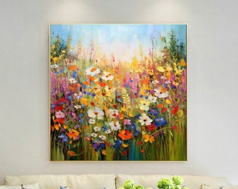 May include: A colorful painting of a field of wildflowers in shades of pink, yellow, orange, blue, and purple. The flowers are painted in a realistic style with visible brushstrokes.