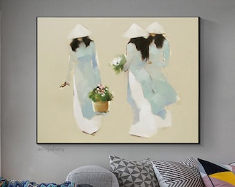 Teal Ao Dai Oil Painting on Canvas, Vietnamese Women Portrait Japandi Art, Bedroom Wall Decor