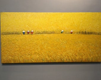 Golden Rice Paddy Oil Painting on Canvas, Vietnamese Harvest Landscape Art, Living Room Decor