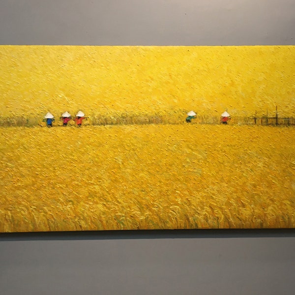 Rice Paddy Field Painting, Rich Harvesting Season Painting, Vietnamese Farmers, Yellow Texture Wall Art