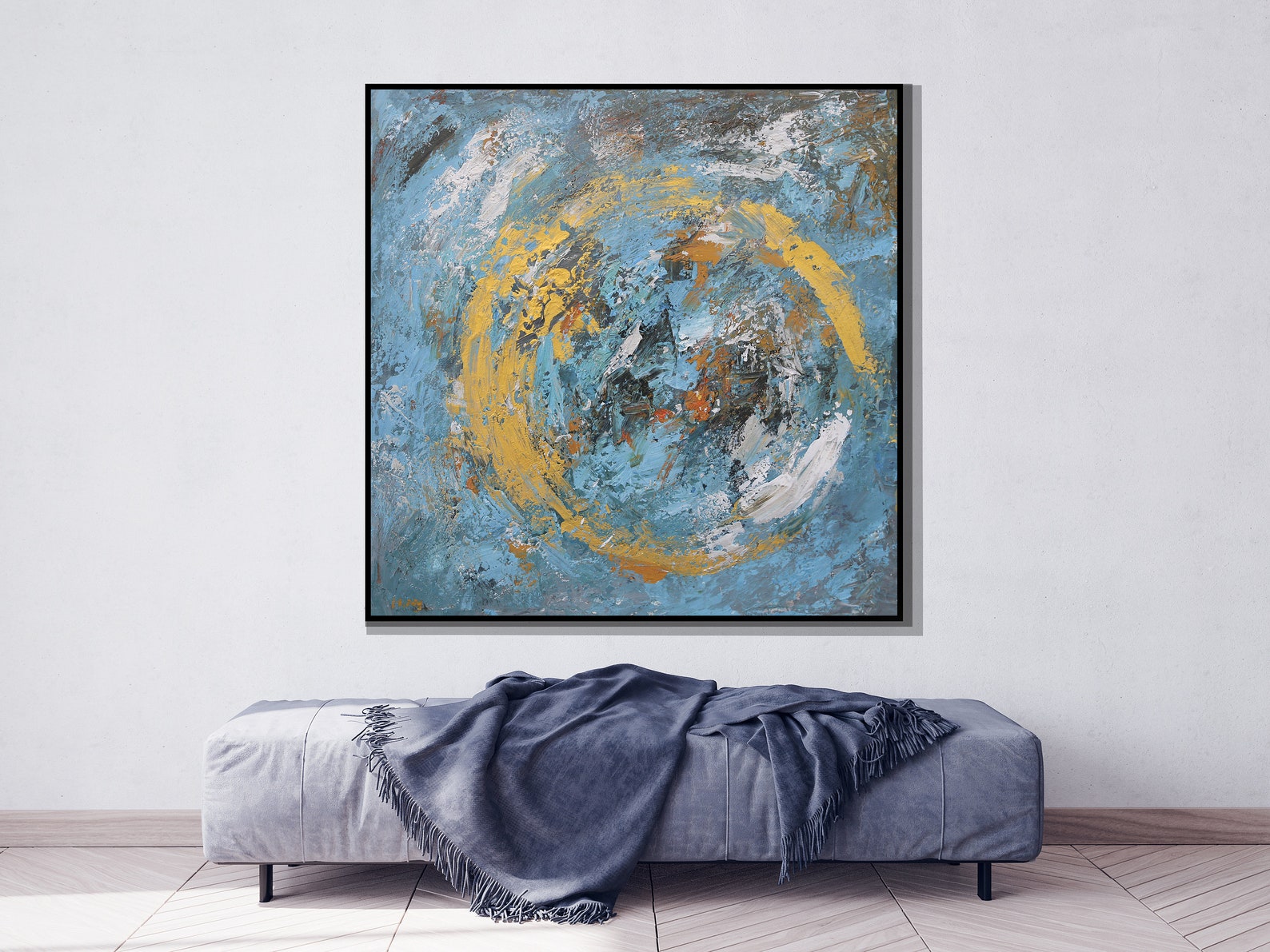 Blue Abstract Painting Gold Circle Abstract Wall Art For Etsy