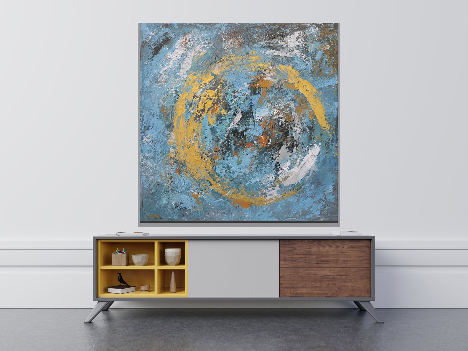 Blue Abstract Painting Gold Circle Abstract Wall Art For Etsy