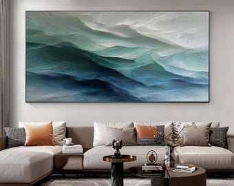Teal Ocean Wave Oil Painting on Canvas, Japandi Coastal Abstract Seascape Art, Bedroom Decor