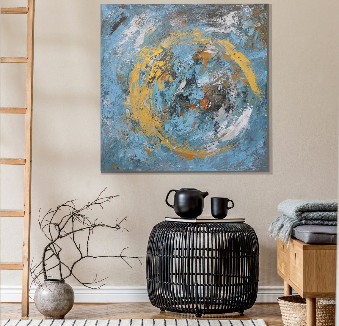 Blue Abstract Painting Gold Circle Abstract Wall Art For Etsy