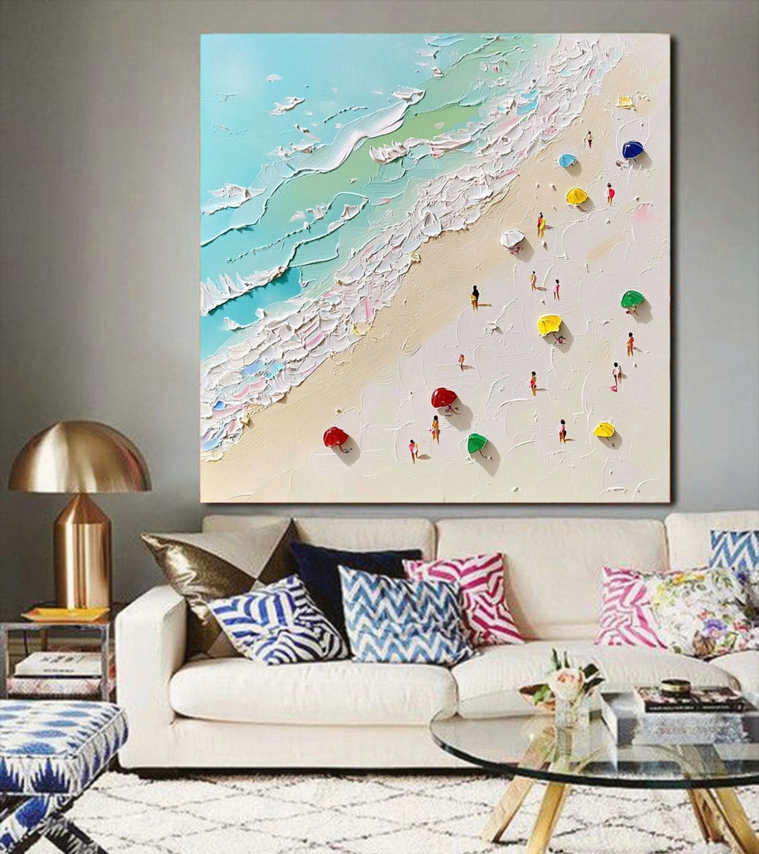 Coastal Beach Oil Painting on Canvas, 3D Texture Summer Ocean Art ...