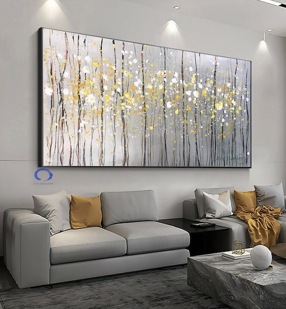 キャンバスに描かれた金箔の風景画、質感のある厚塗り技法、リビング 