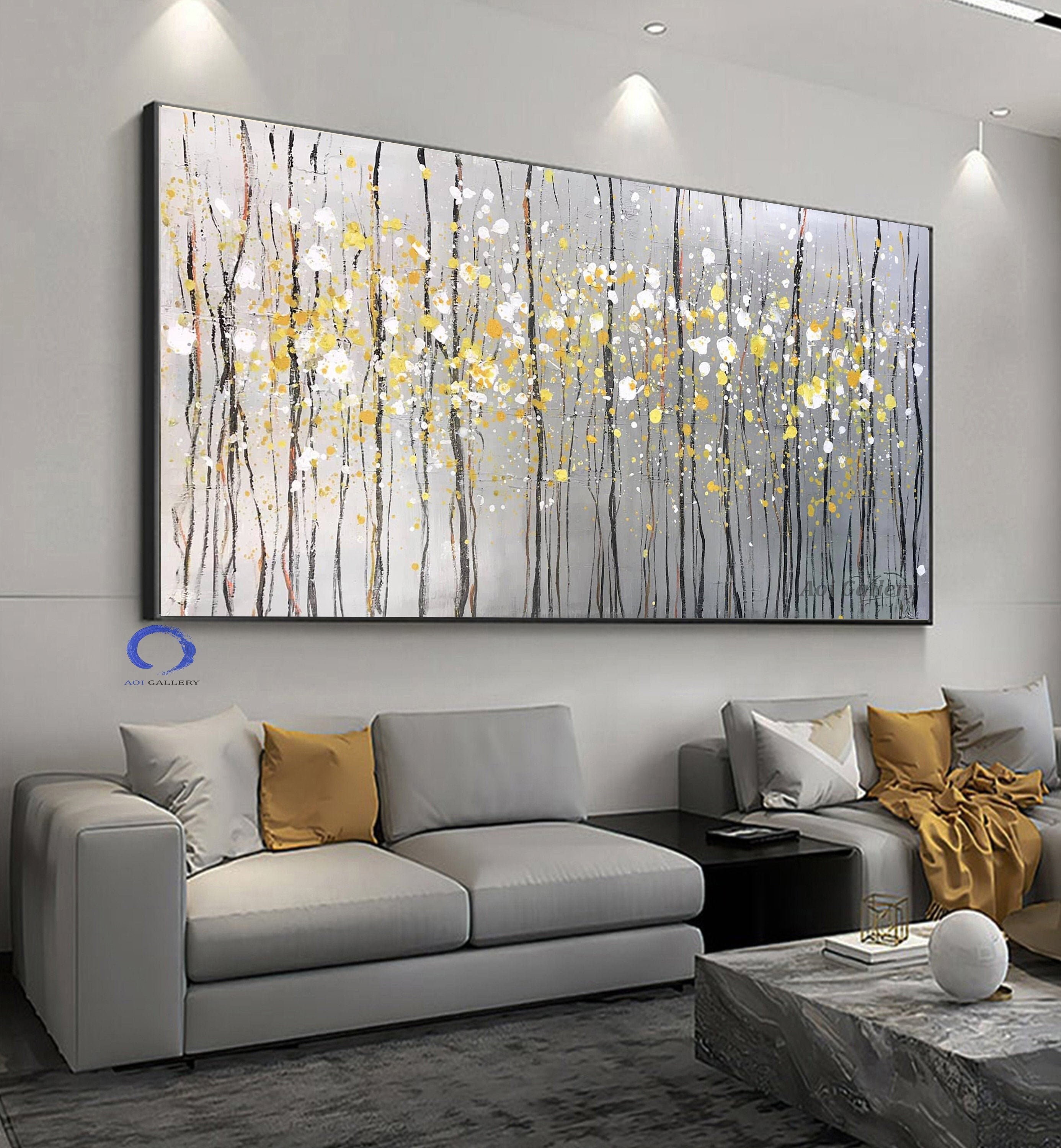 キャンバスに描かれた金箔の風景画、質感のある厚塗り技法、リビング